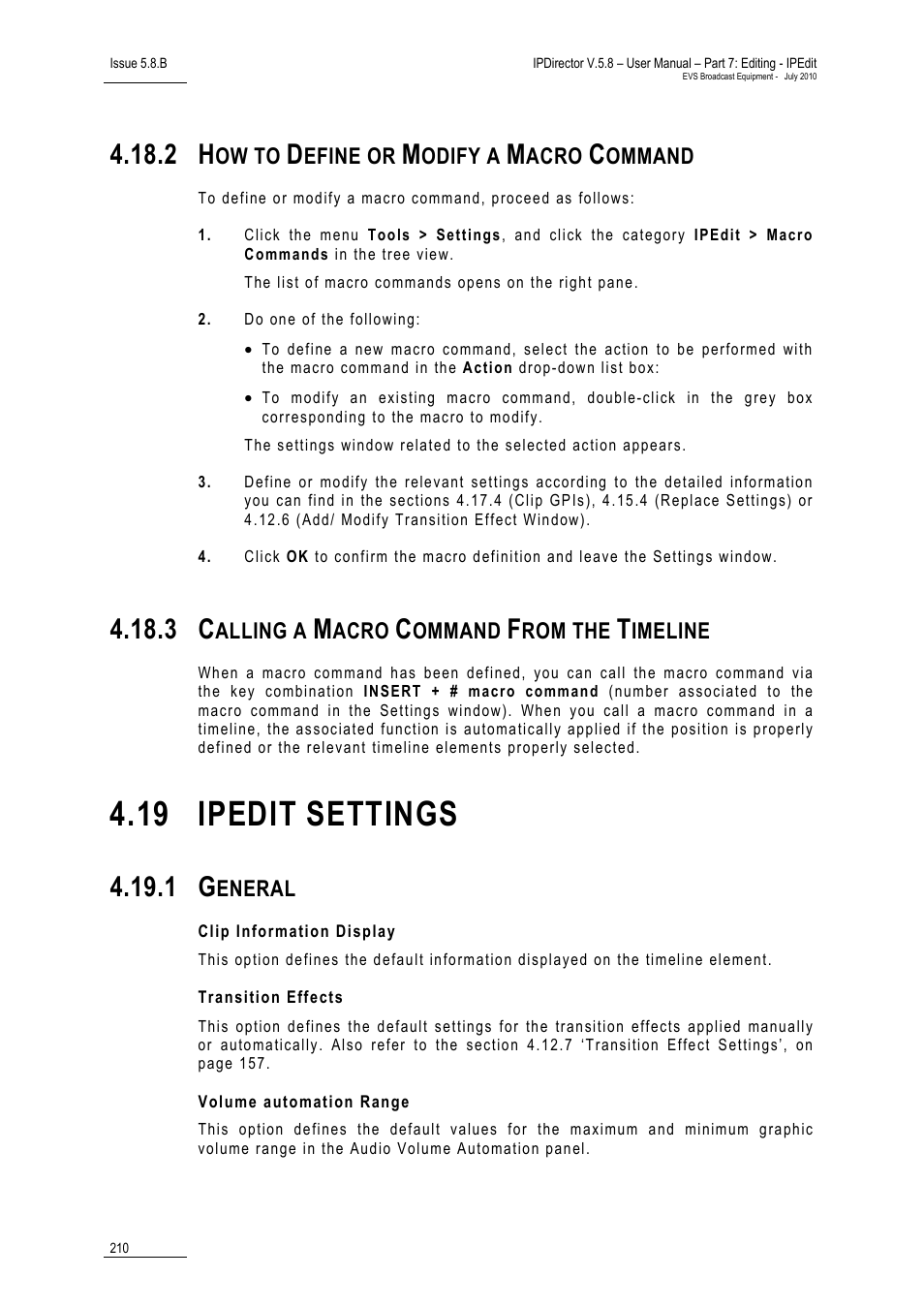 2 how to define or modify a macro command, 3 calling a macro command from the timeline, 19 ipedit settings | 1 general, Clip information display, Transition effects, Volume automation range, How to define or modify a macro command, Calling a macro command from the timeline, Ipedit settings | EVS IPDirector Version 5.8 - July 2010 Part 7 User's Manual User Manual | Page 223 / 229