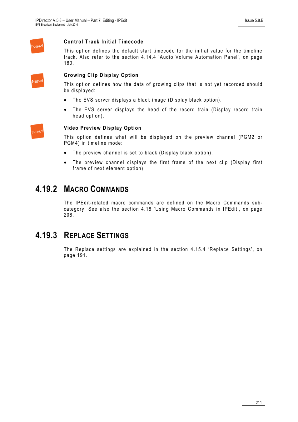 Control track initial timecode, Growing clip display option, Video preview display option | 2 macro commands, 3 replace settings, Macro commands, Replace settings, Acro, Ommands, Eplace | EVS IPDirector Version 5.8 - July 2010 Part 7 User's Manual User Manual | Page 224 / 229