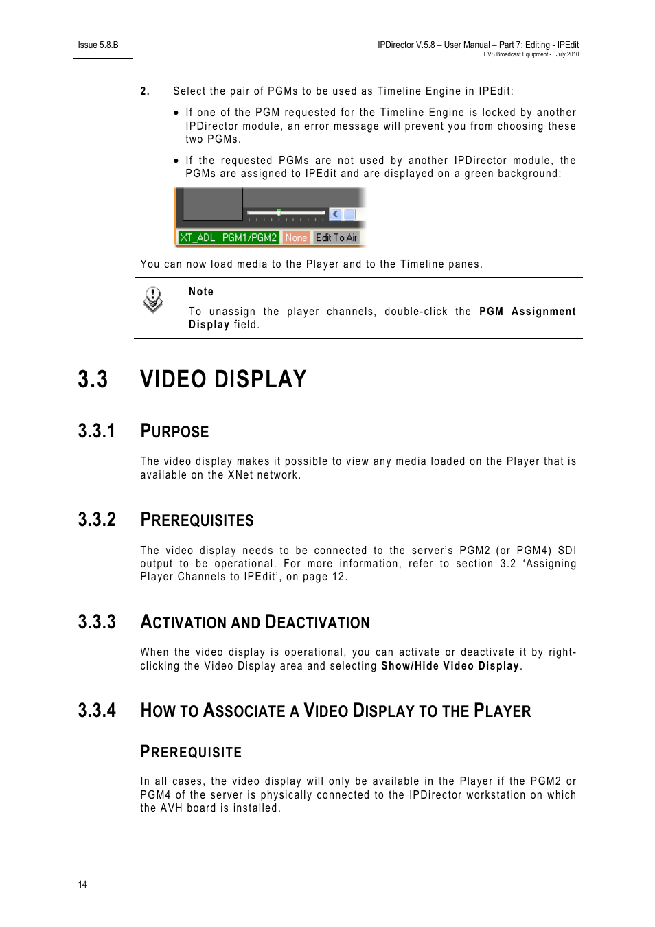 3 video display, 1 purpose, 2 prerequisites | 3 activation and deactivation, 4 how to associate a video display to the player, Prerequisite, Video display, Purpose, Prerequisites, Activation and deactivation | EVS IPDirector Version 5.8 - July 2010 Part 7 User's Manual User Manual | Page 27 / 229