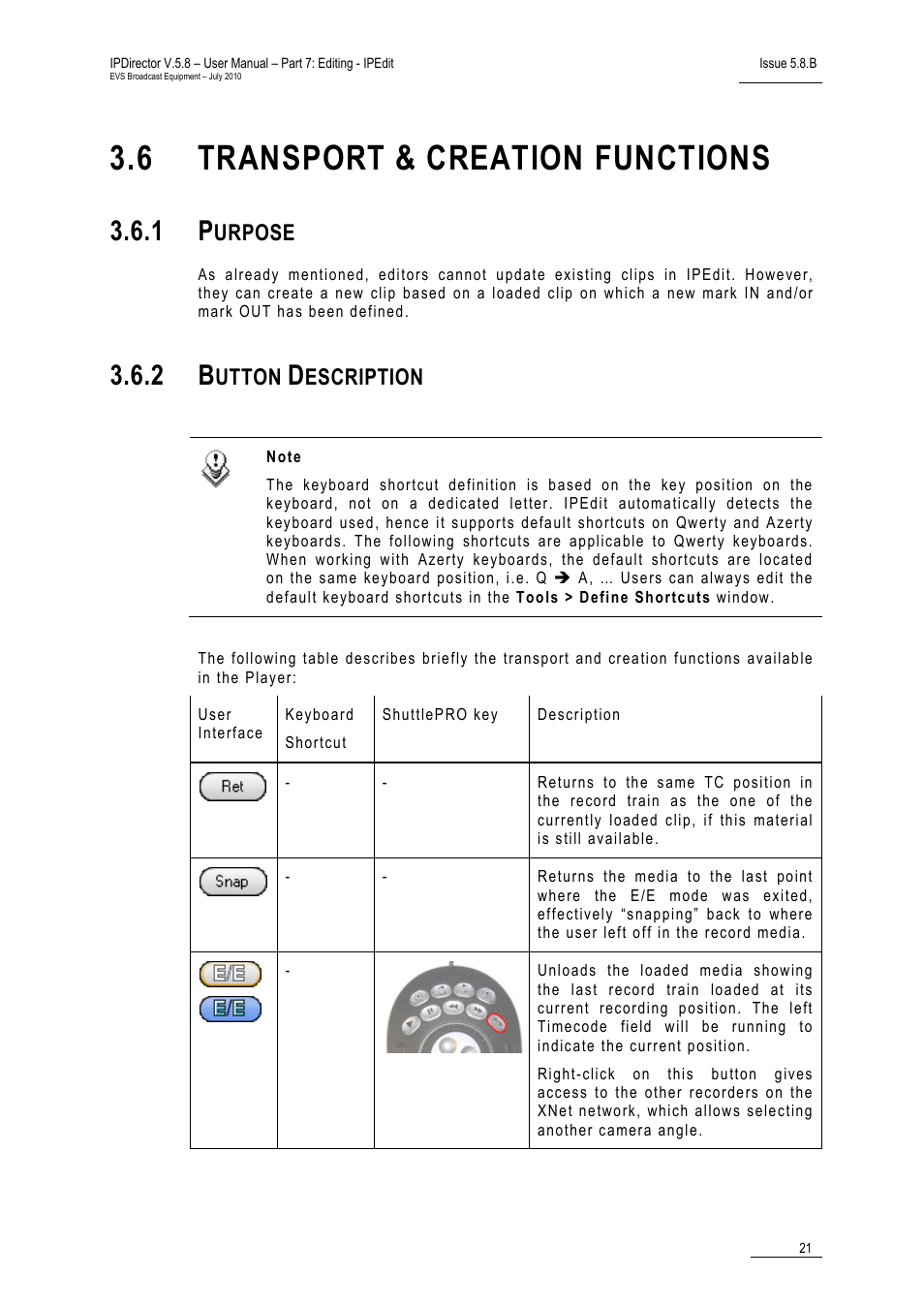 6 transport & creation functions, 1 purpose, 2 button description | Transport & creation functions, Purpose, Button description, Urpose, Utton, Escription | EVS IPDirector Version 5.8 - July 2010 Part 7 User's Manual User Manual | Page 34 / 229