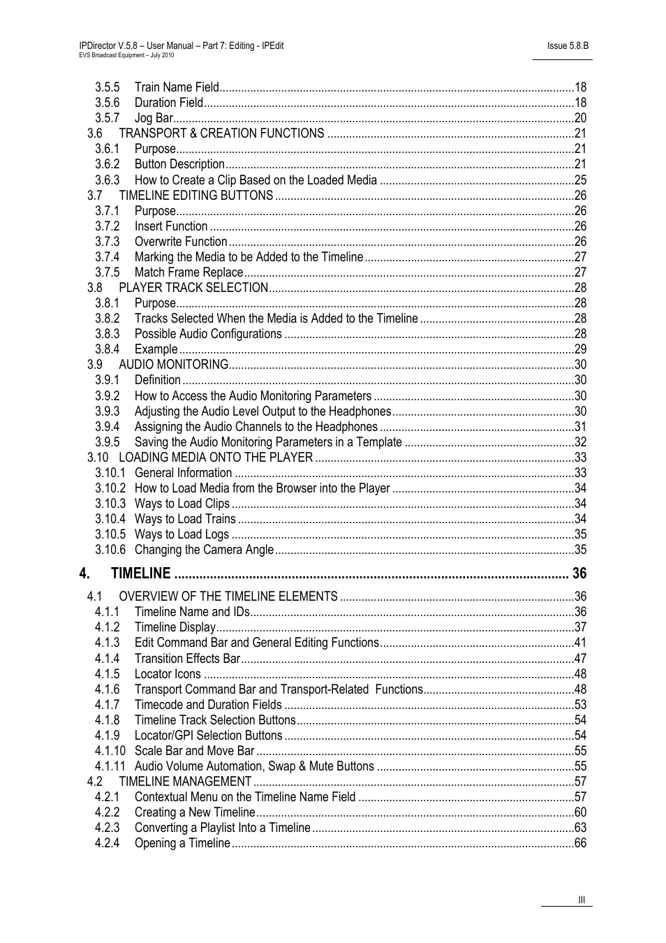 Timeline | EVS IPDirector Version 5.8 - July 2010 Part 7 User's Manual User Manual | Page 4 / 229