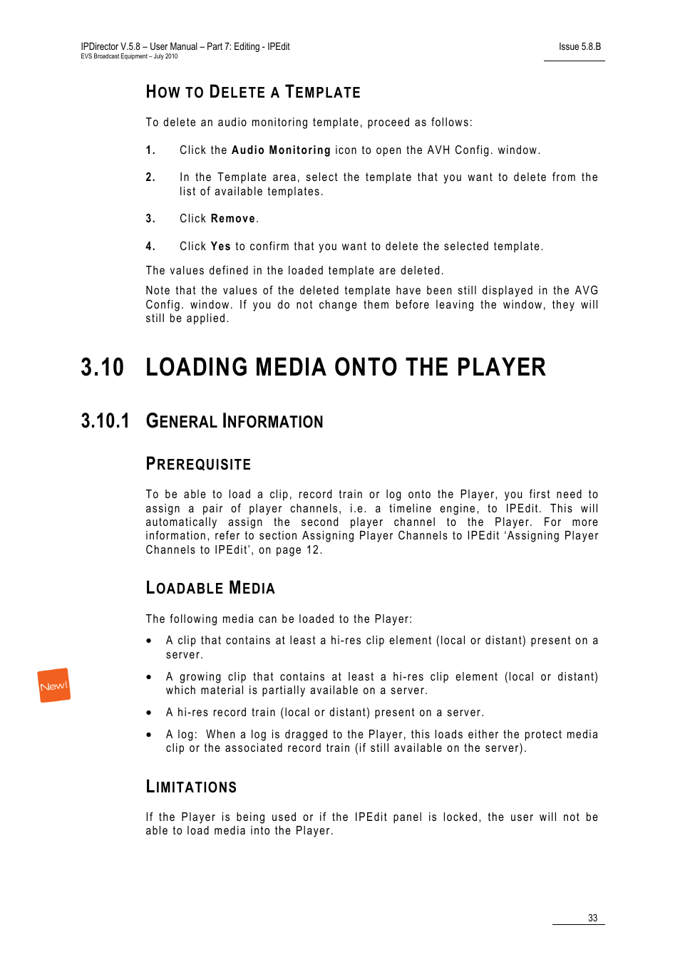 How to delete a template, 10 loading media onto the player, 1 general information | Prerequisite, Loadable media, Limitations, Loading media onto the player, General information, 10 ‘loading media onto the player, Eneral | EVS IPDirector Version 5.8 - July 2010 Part 7 User's Manual User Manual | Page 46 / 229