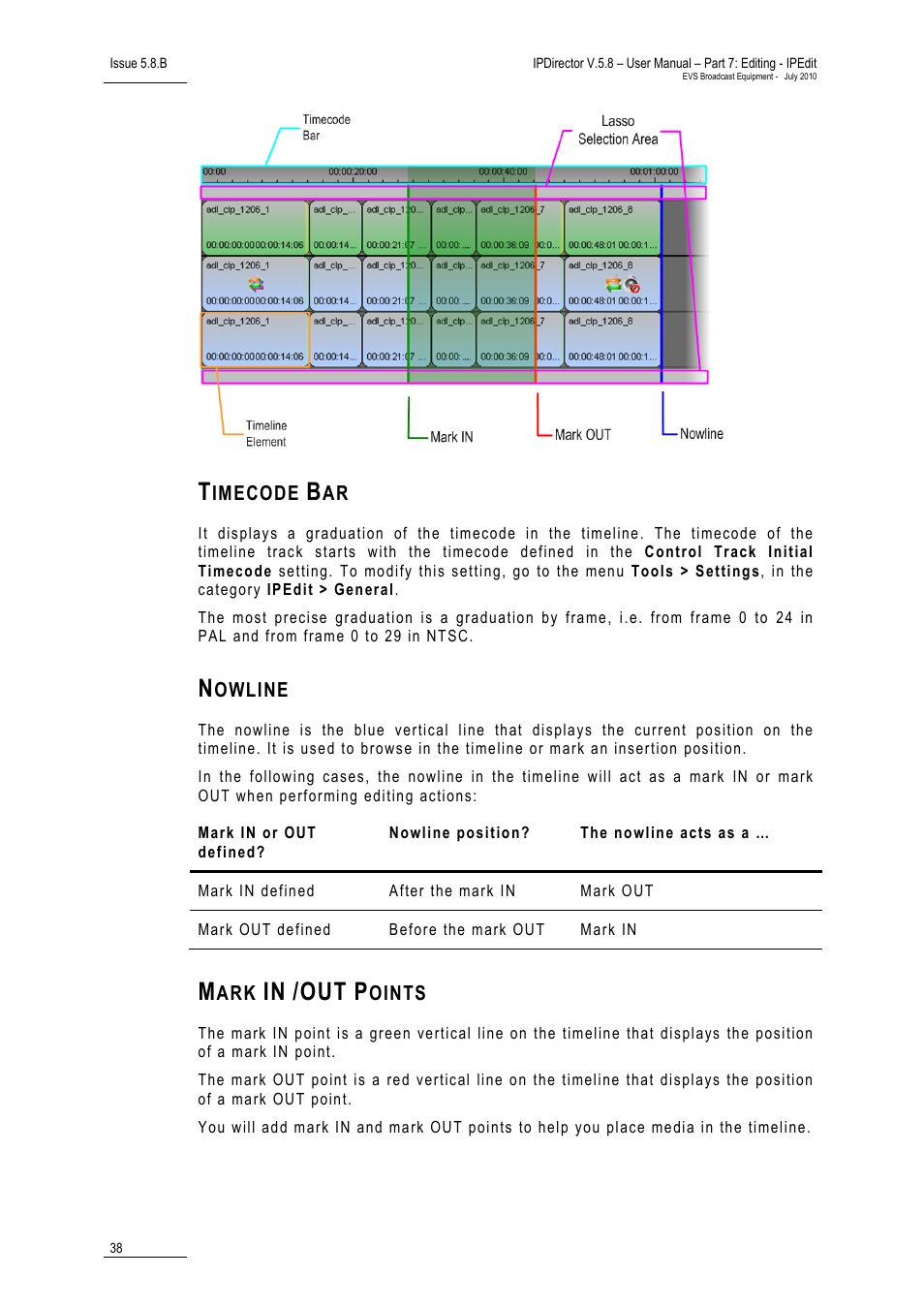 Timecode bar, Nowline, Mark in /out points | EVS IPDirector Version 5.8 - July 2010 Part 7 User's Manual User Manual | Page 51 / 229