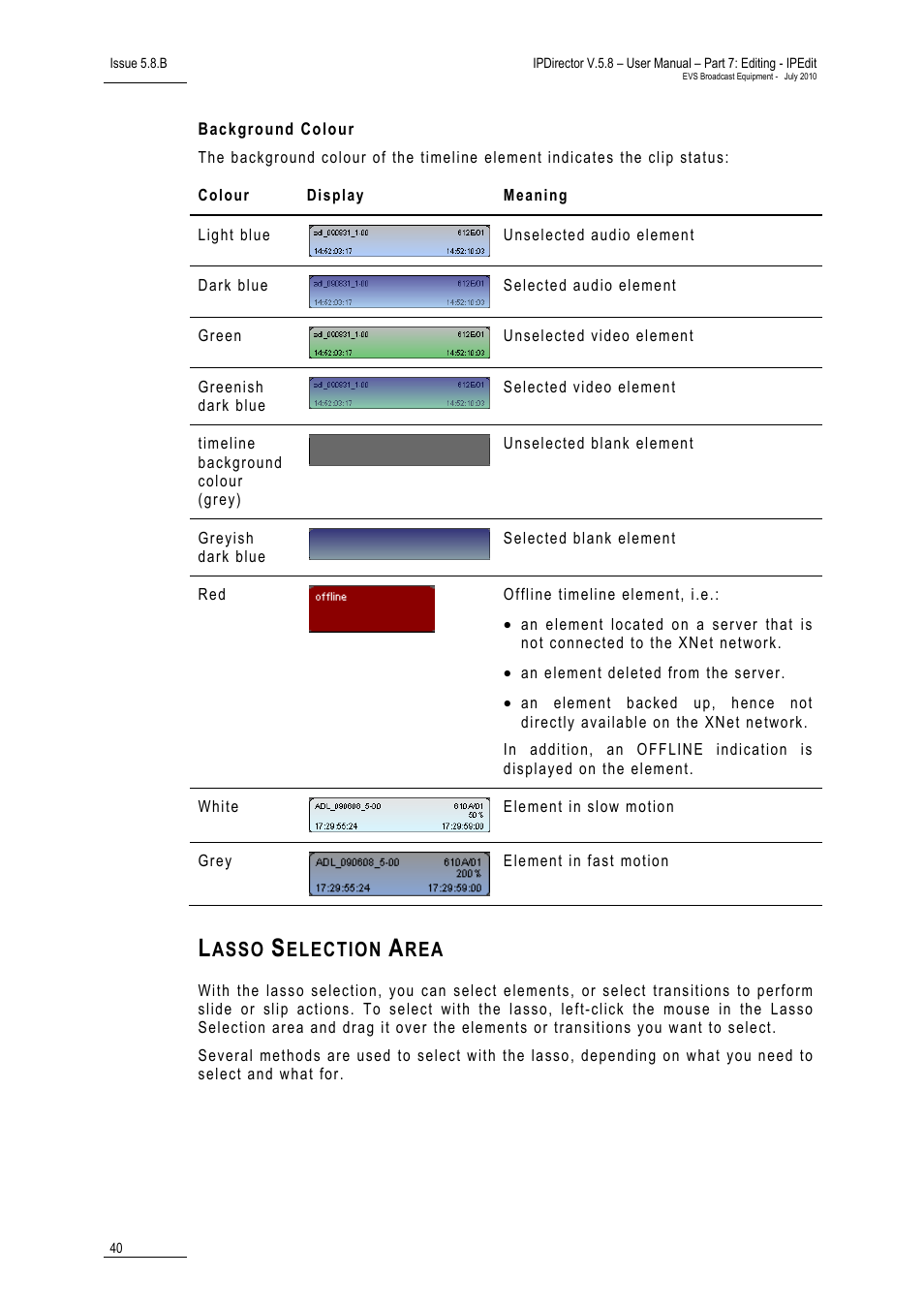 Background colour, Lasso selection area, Asso | Election | EVS IPDirector Version 5.8 - July 2010 Part 7 User's Manual User Manual | Page 53 / 229