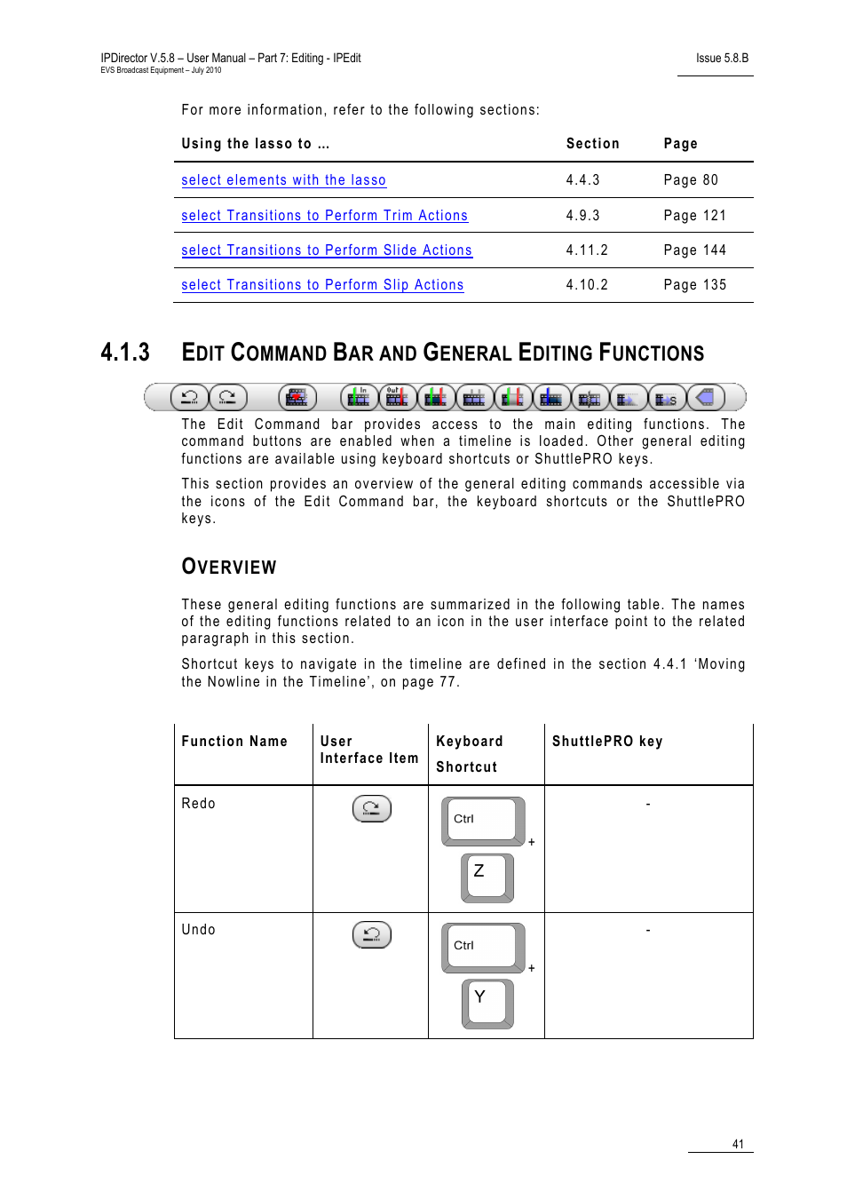 3 edit command bar and general editing functions, Overview, Edit command bar and general editing functions | Ommand, Ar and, Eneral, Diting, Unctions | EVS IPDirector Version 5.8 - July 2010 Part 7 User's Manual User Manual | Page 54 / 229