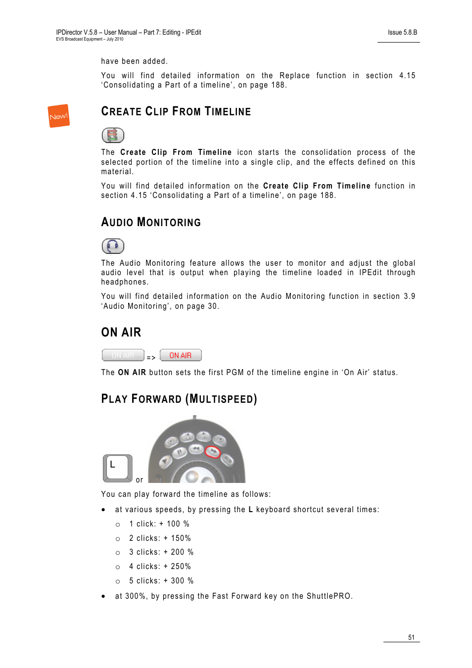 Create clip from timeline, Audio monitoring, On air | Play forward (multispeed) | EVS IPDirector Version 5.8 - July 2010 Part 7 User's Manual User Manual | Page 64 / 229
