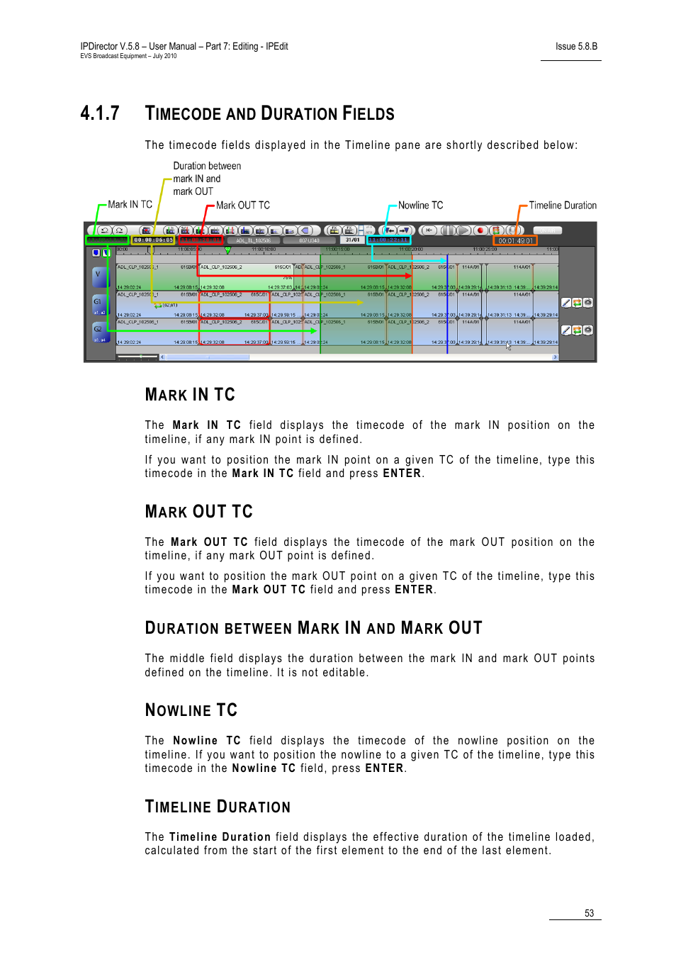 7 timecode and duration fields, Mark in tc, Mark out tc | Duration between mark in and mark out, Nowline tc, Timeline duration, Timecode and duration fields | EVS IPDirector Version 5.8 - July 2010 Part 7 User's Manual User Manual | Page 66 / 229