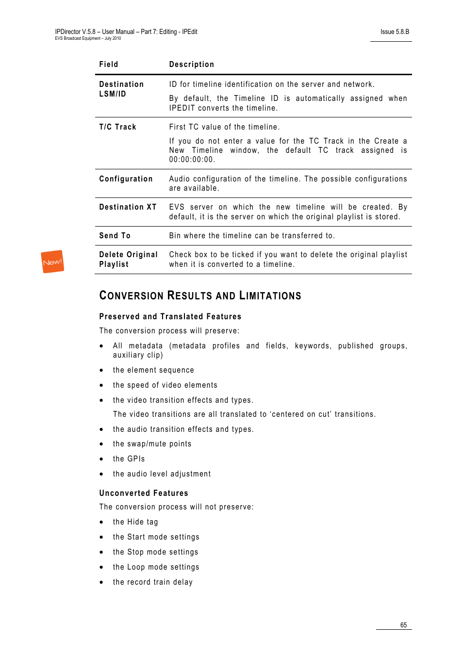 Conversion results and limitations, Preserved and translated features, Unconverted features | EVS IPDirector Version 5.8 - July 2010 Part 7 User's Manual User Manual | Page 78 / 229