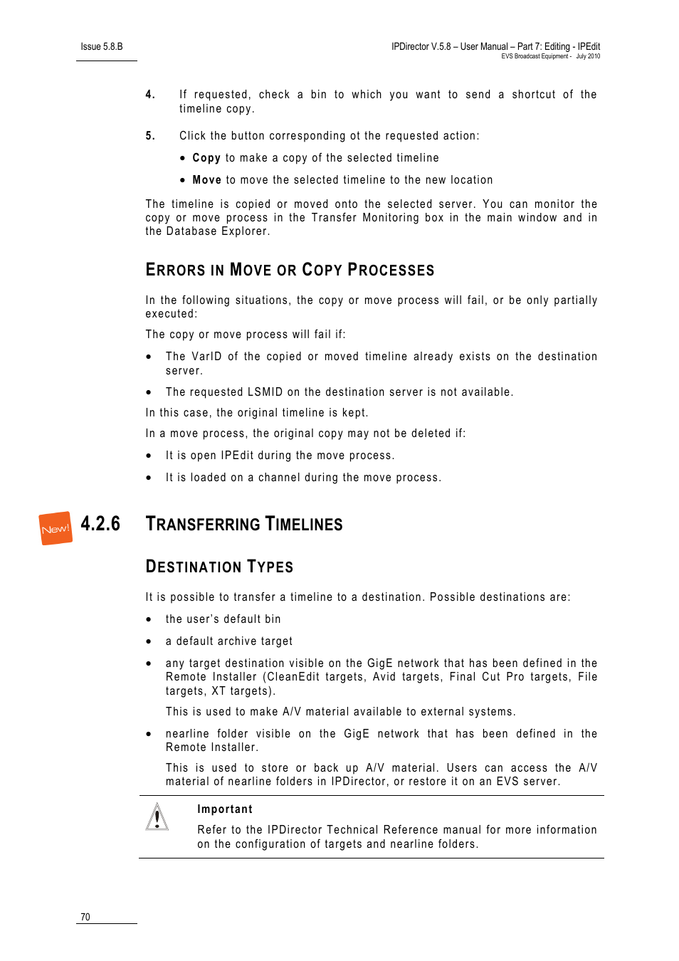 Errors in move or copy processes, Transferring timelines, Destination types | Ransferring, Imelines | EVS IPDirector Version 5.8 - July 2010 Part 7 User's Manual User Manual | Page 83 / 229