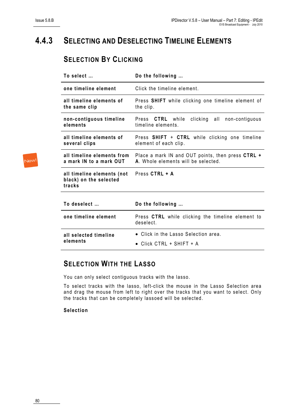 3 selecting and deselecting timeline elements, Selection by clicking, Selection with the lasso | Selection, Selecting and deselecting timeline elements, Select elements with the lasso, Electing and, Eselecting, Imeline, Lements | EVS IPDirector Version 5.8 - July 2010 Part 7 User's Manual User Manual | Page 93 / 229