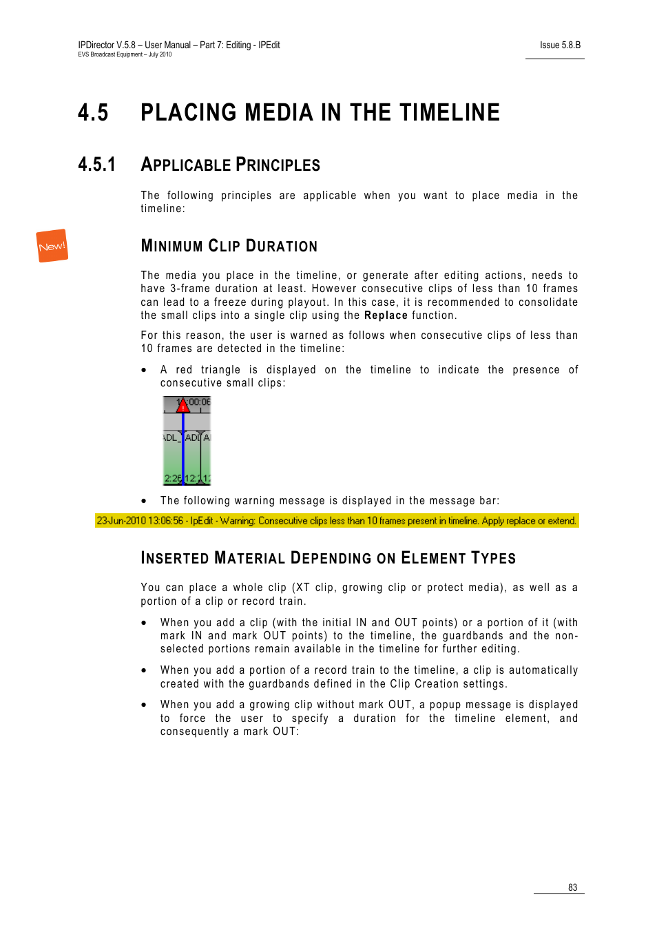 5 placing media in the timeline, 1 applicable principles, Minimum clip duration | Inserted material depending on element types, Placing media in the timeline, Applicable principles, Minimum clip duration: 3, Pplicable, Rinciples | EVS IPDirector Version 5.8 - July 2010 Part 7 User's Manual User Manual | Page 96 / 229