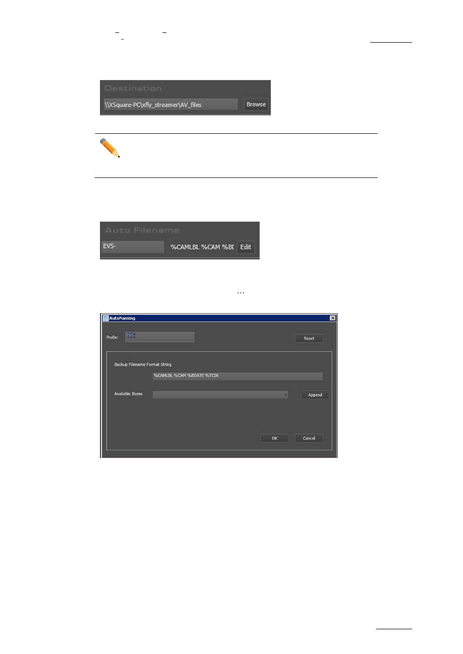 Destination selection, Auto filename definition, 2 destination selection | 3 auto filename definition, Modify the backup filename format string | EVS XFLY Streamer Version 1.02 - April 2013 User Manual User Manual | Page 19 / 25