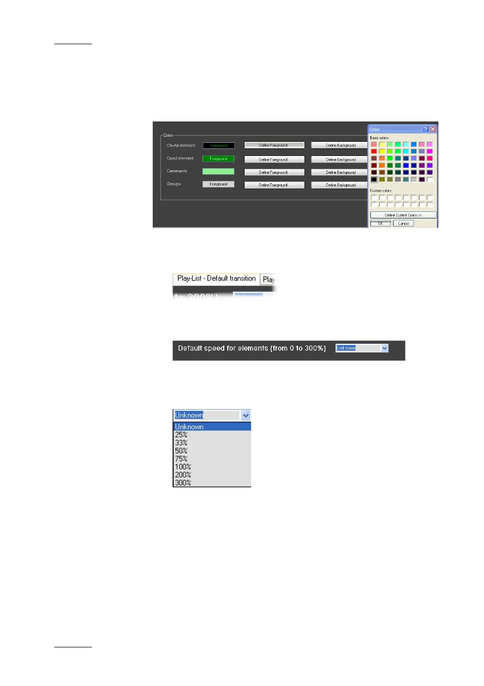 Default play-list colours, 3 play-list – default transition settings, Default speed for elements | Play-list – default transition settings | EVS IPDirector Version 4.3 - October 2007 Part 3 User's Manual User Manual | Page 185 / 204