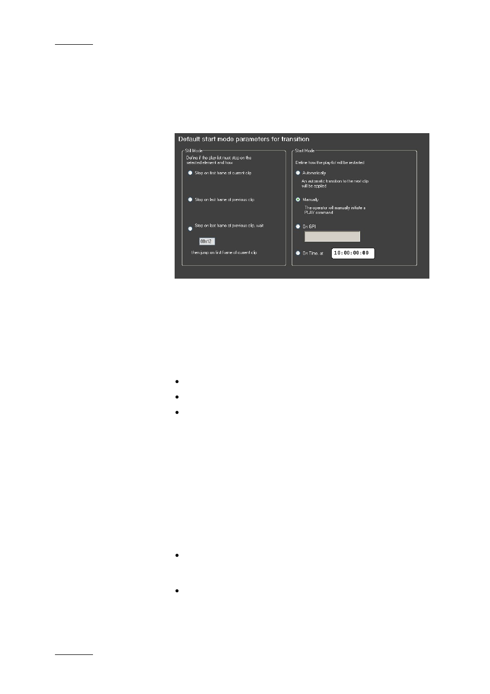 Default start mode parameters for transitions, Still mode, Start mode | EVS IPDirector Version 4.3 - October 2007 Part 3 User's Manual User Manual | Page 187 / 204