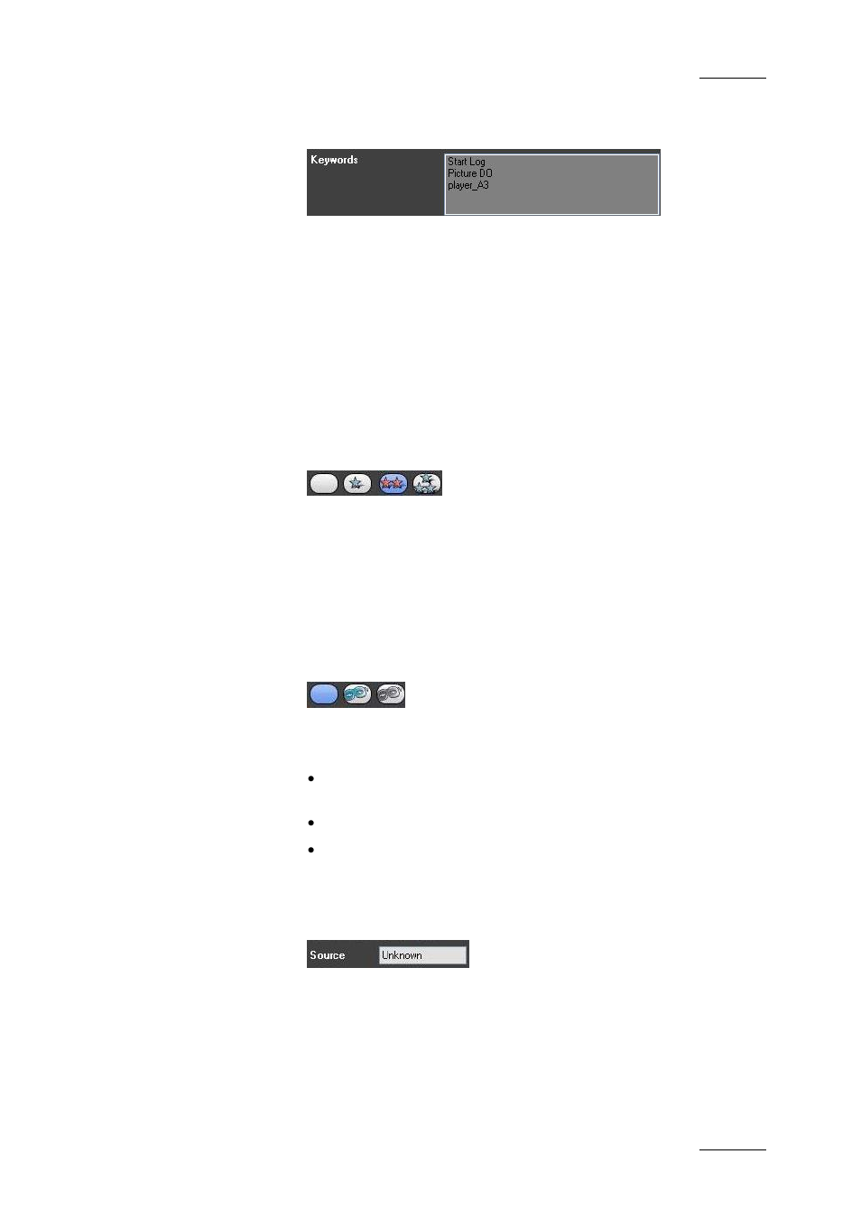 1 keyword list, 2 interest level icons, 3 clip type icons | 4 source field, Keyword list, Interest level icons, Clip type icons, Source field | EVS IPDirector Version 4.3 - October 2007 Part 3 User's Manual User Manual | Page 70 / 204