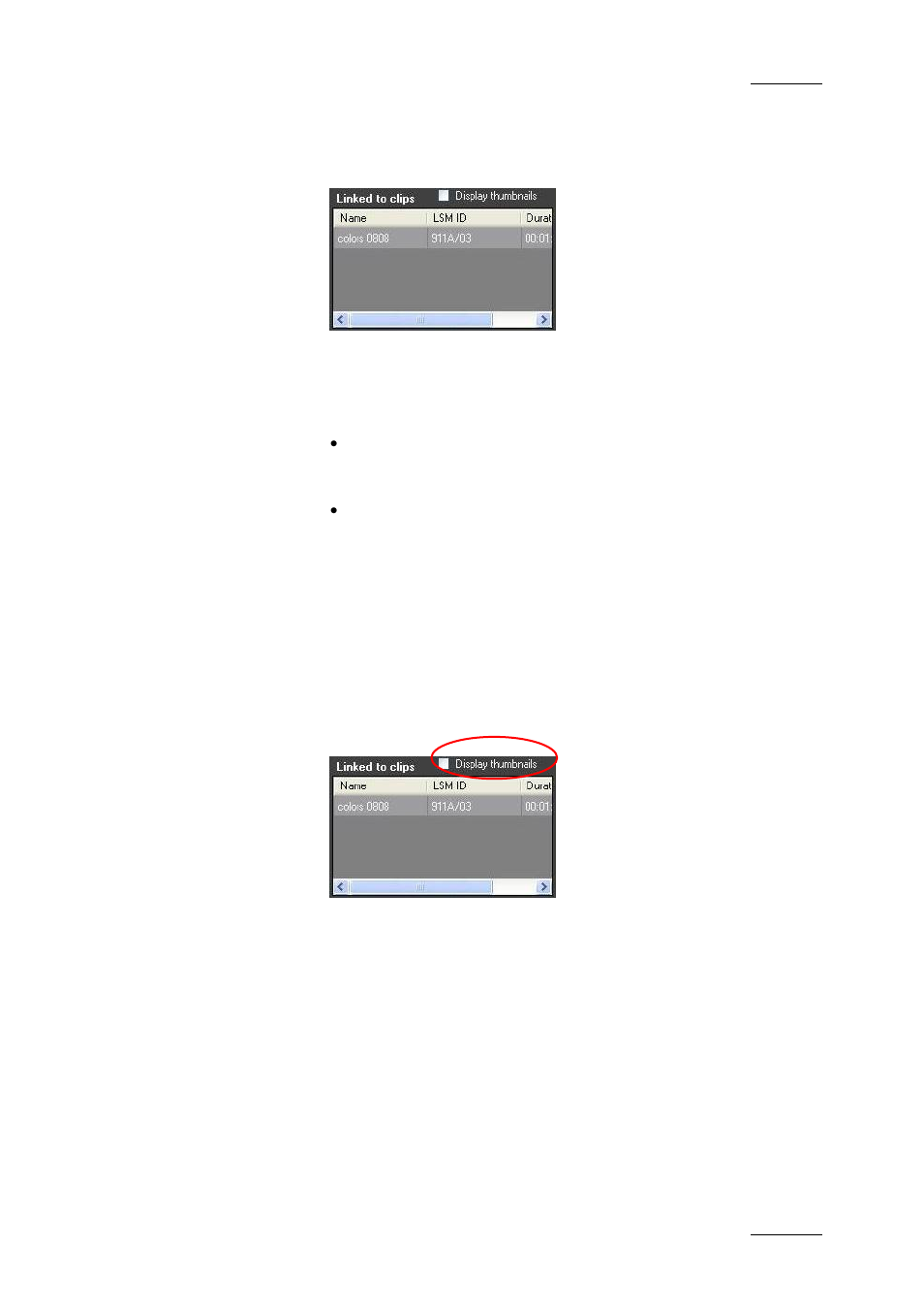 8 linked to clips list, Display thumbnails check box, Linked to clips list | EVS IPDirector Version 4.3 - October 2007 Part 3 User's Manual User Manual | Page 72 / 204