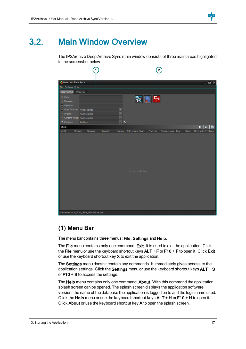 Main window overview, 1) menu bar | EVS IP2Archive Deep Archive Sync Version 1.1 - October 2012 User Manual User Manual | Page 22 / 66