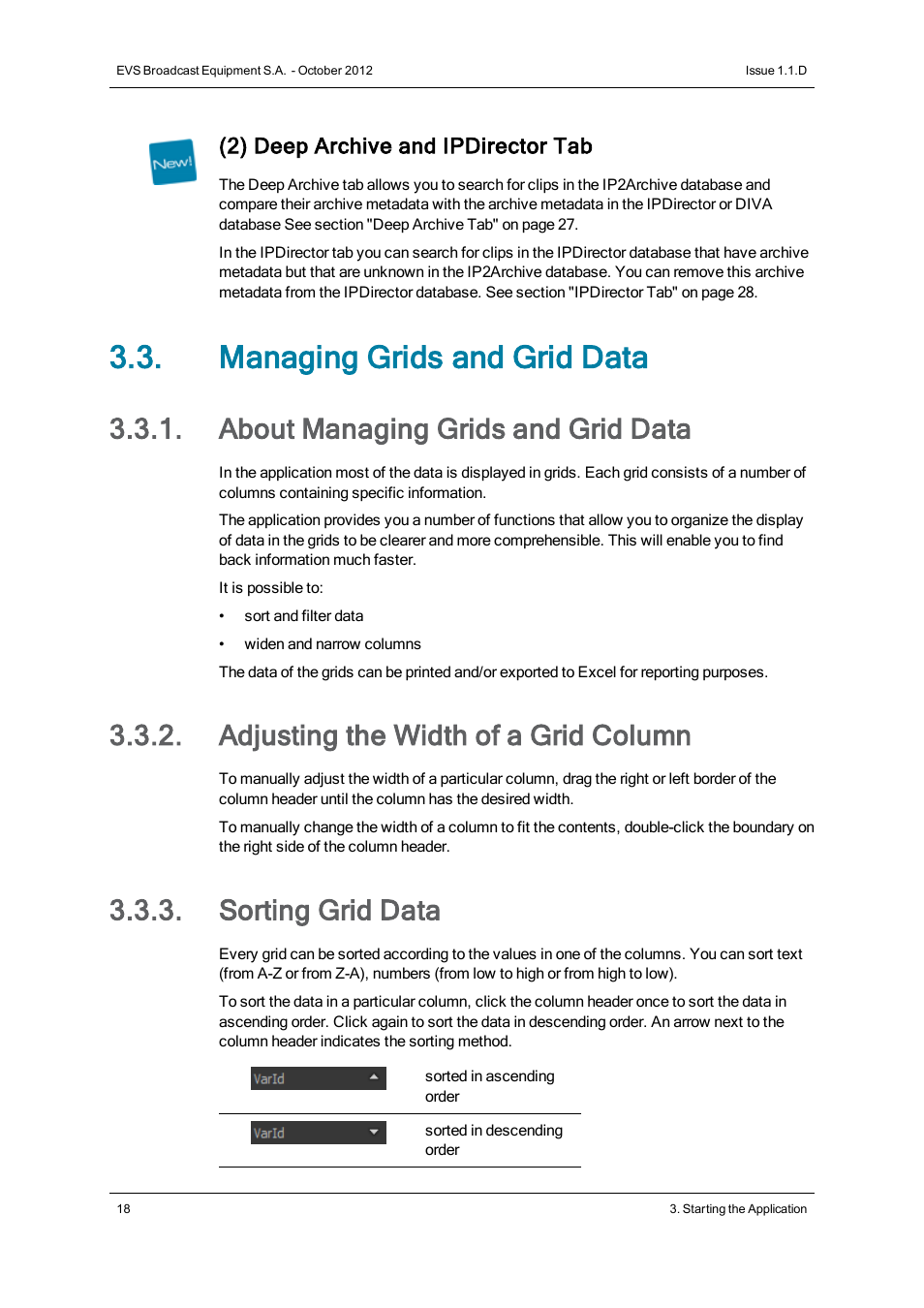 Managing grids and grid data, About managing grids and grid data, Adjusting the width of a grid column | Sorting grid data | EVS IP2Archive Deep Archive Sync Version 1.1 - October 2012 User Manual User Manual | Page 23 / 66
