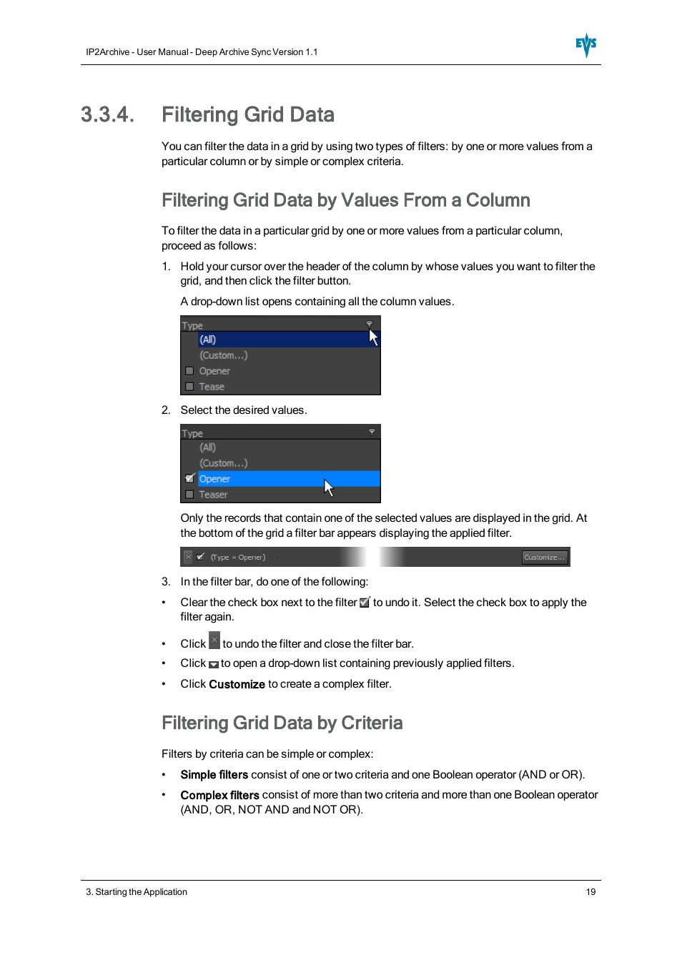 Filtering grid data, Filtering grid data by values from a column, Filtering grid data by criteria | EVS IP2Archive Deep Archive Sync Version 1.1 - October 2012 User Manual User Manual | Page 24 / 66