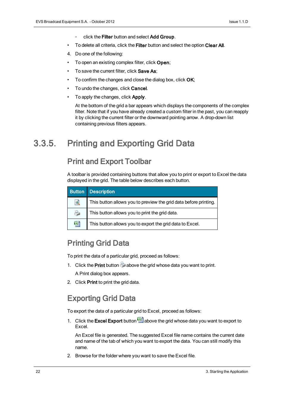 Printing and exporting grid data, Print and export toolbar, Printing grid data | Exporting grid data | EVS IP2Archive Deep Archive Sync Version 1.1 - October 2012 User Manual User Manual | Page 27 / 66