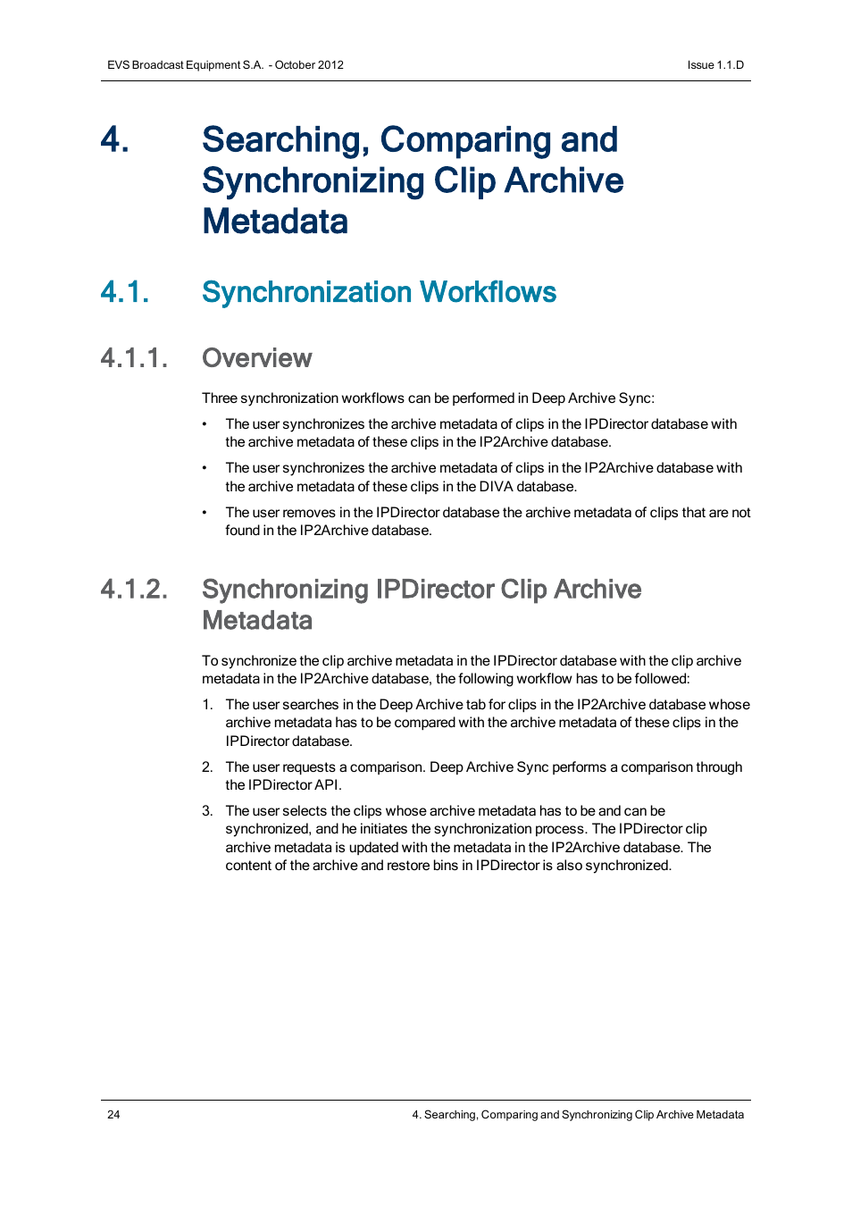 Synchronization workflows, Overview, Synchronizing ipdirector clip archive metadata | EVS IP2Archive Deep Archive Sync Version 1.1 - October 2012 User Manual User Manual | Page 29 / 66