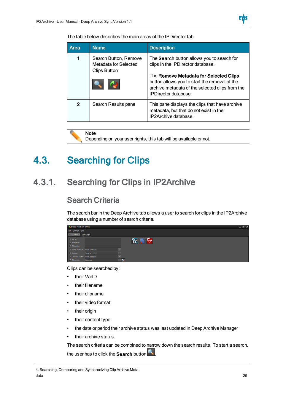 Searching for clips, Searching for clips in ip2archive, Search criteria | EVS IP2Archive Deep Archive Sync Version 1.1 - October 2012 User Manual User Manual | Page 34 / 66