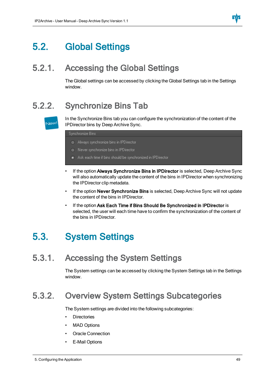 Global settings, Accessing the global settings, Synchronize bins tab | System settings, Accessing the system settings, Overview system settings subcategories | EVS IP2Archive Deep Archive Sync Version 1.1 - October 2012 User Manual User Manual | Page 54 / 66