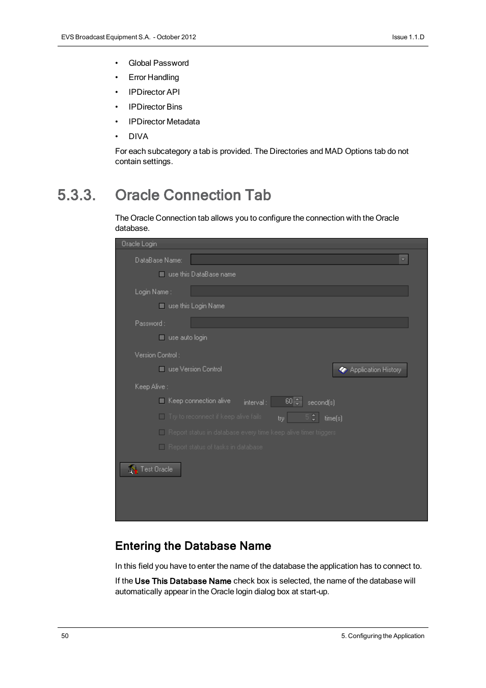 Oracle connection tab, Entering the database name | EVS IP2Archive Deep Archive Sync Version 1.1 - October 2012 User Manual User Manual | Page 55 / 66