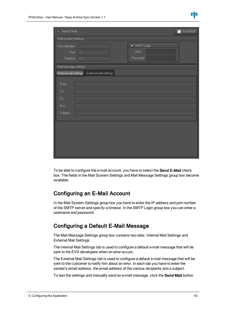 Configuring an e-mail account, Configuring a default e-mail message | EVS IP2Archive Deep Archive Sync Version 1.1 - October 2012 User Manual User Manual | Page 58 / 66