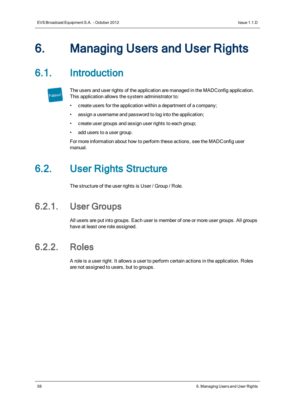 Managing users and user rights, Introduction, User rights structure | User groups, Roles | EVS IP2Archive Deep Archive Sync Version 1.1 - October 2012 User Manual User Manual | Page 63 / 66