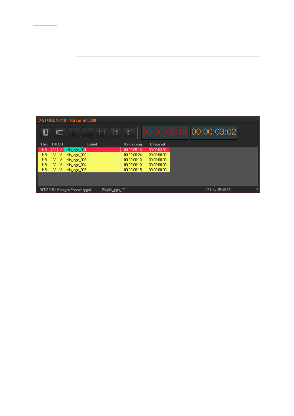 The channel pane, 1 overview of the channel pane, 2 transport controls and timecode fields | Overview of the channel pane, Transport controls and timecode fields | EVS XEDIO Playout Organizer Version 3.1 - January 2011 User Manual User Manual | Page 25 / 29