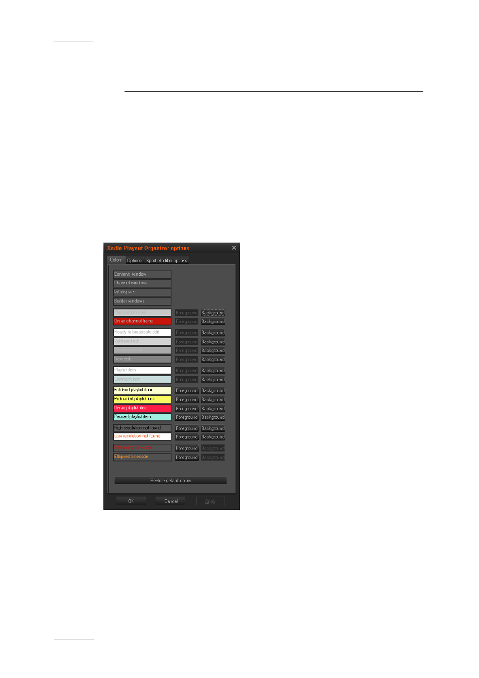 Menu bar, 1 colors, Colors | EVS XEDIO Playout Organizer Version 3.1 - January 2011 User Manual User Manual | Page 27 / 29