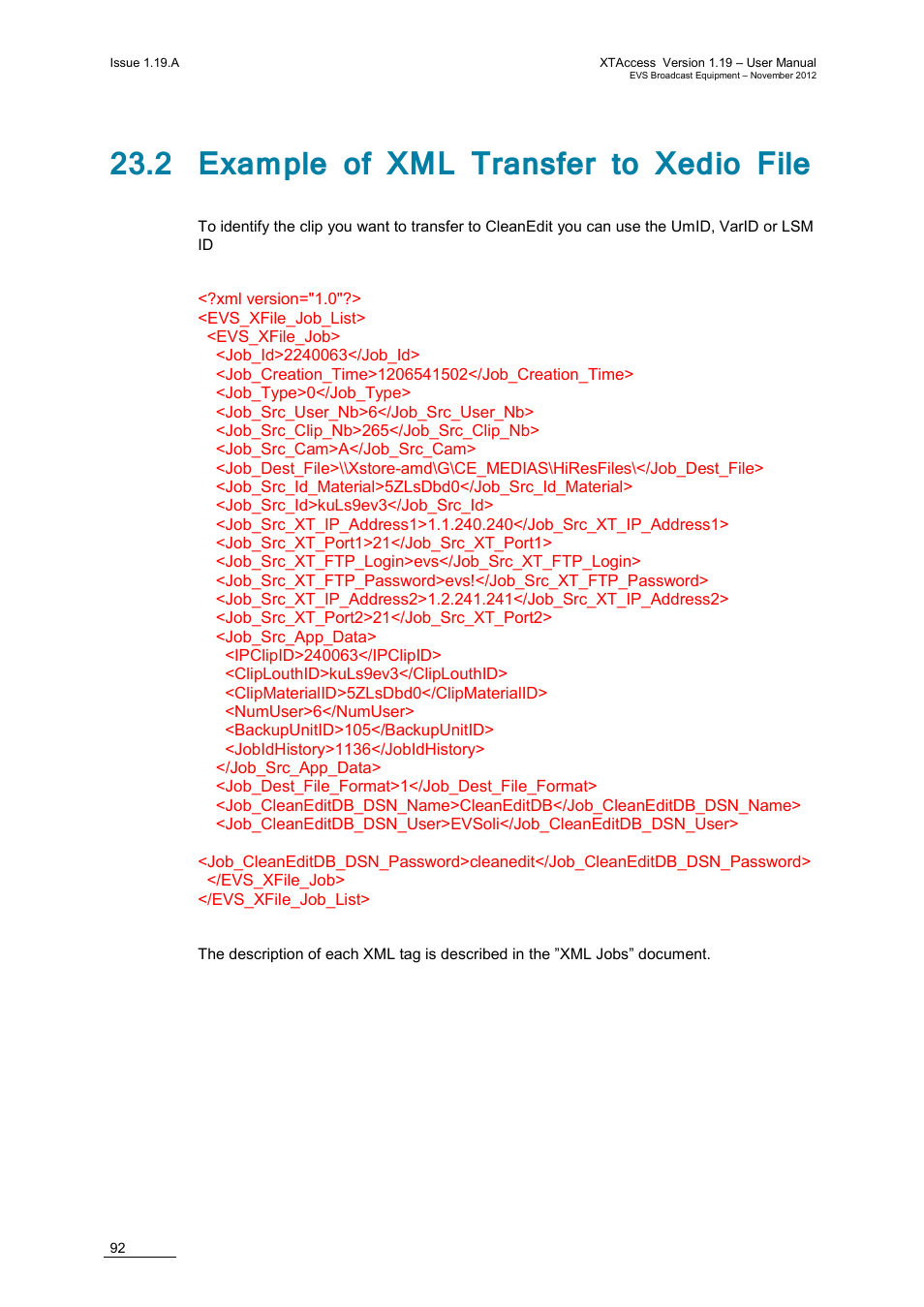 2 example of xml transfer to xedio file | EVS XTAccess Version 1.19 - November 2012 User Manual User Manual | Page 102 / 112