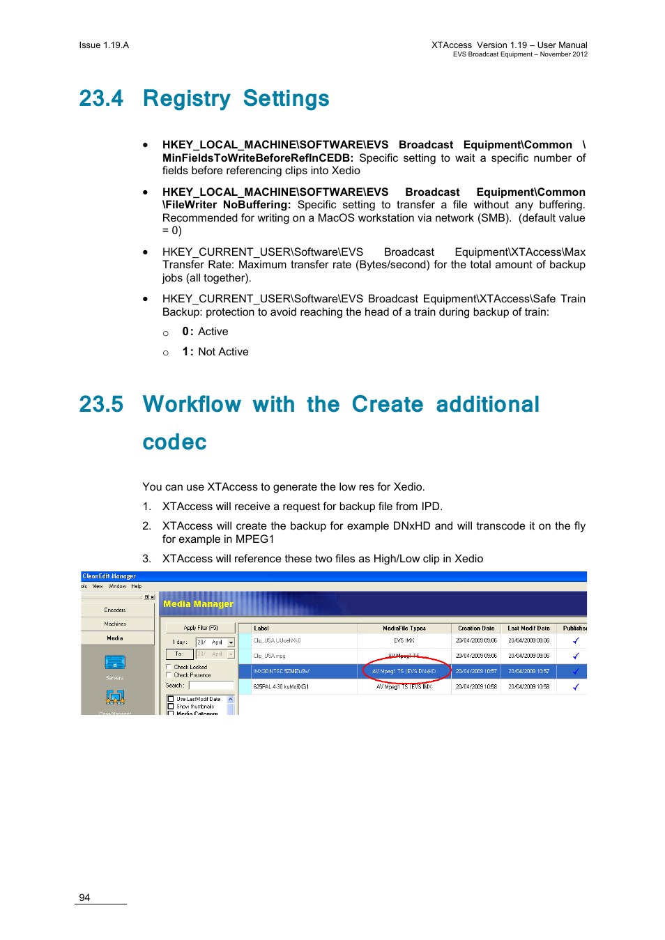 4 registry settings, 5 workflow with the create additional codec | EVS XTAccess Version 1.19 - November 2012 User Manual User Manual | Page 104 / 112