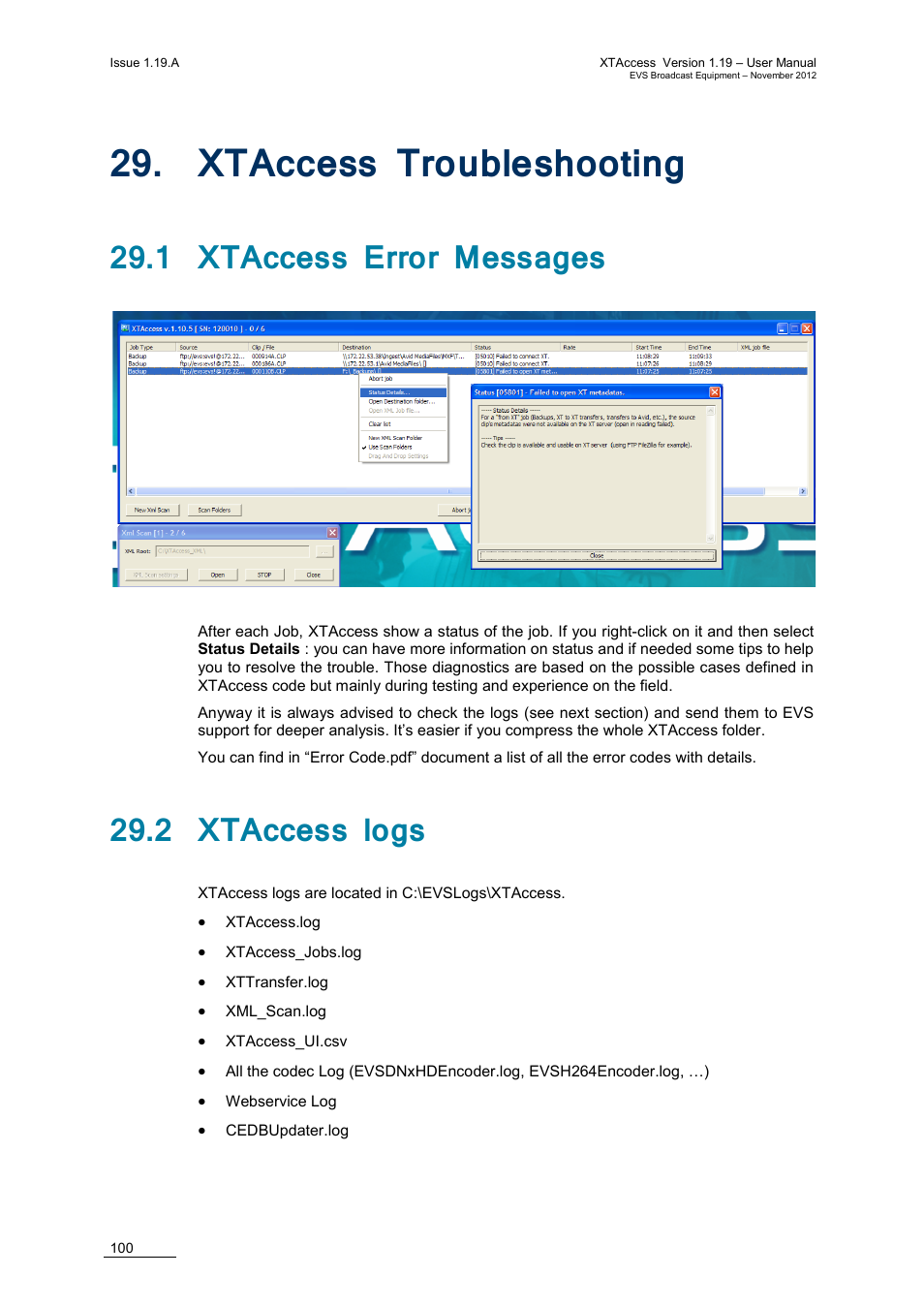 Xtaccess troubleshooting, 1 xtaccess error messages, 2 xtaccess logs | Ccess, Roubleshooting | EVS XTAccess Version 1.19 - November 2012 User Manual User Manual | Page 110 / 112