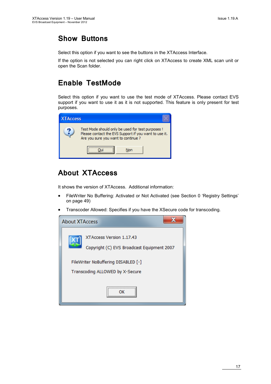 Show buttons, Enable testmode, About xtaccess | EVS XTAccess Version 1.19 - November 2012 User Manual User Manual | Page 27 / 112