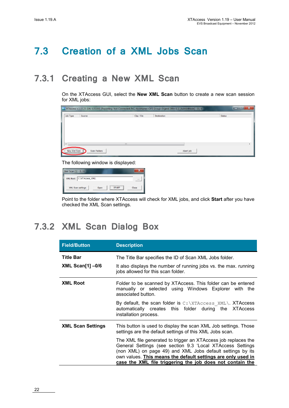 3 creation of a xml jobs scan, 1 creating a new xml scan, 2 xml scan dialog box | Creating a new xml scan, Xml scan dialog box | EVS XTAccess Version 1.19 - November 2012 User Manual User Manual | Page 32 / 112