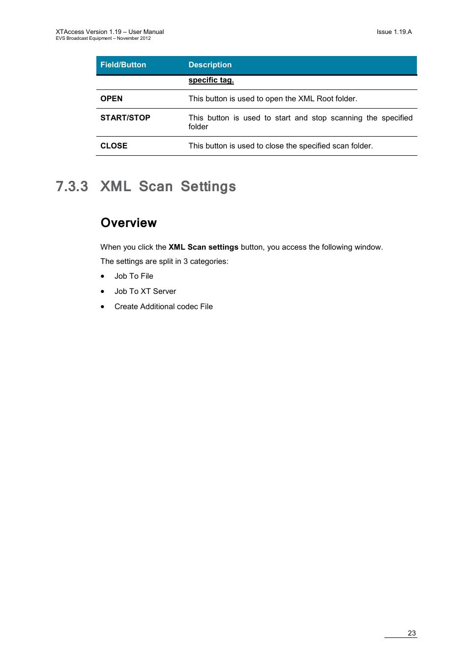3 xml scan settings, Overview, Xml scan settings | EVS XTAccess Version 1.19 - November 2012 User Manual User Manual | Page 33 / 112