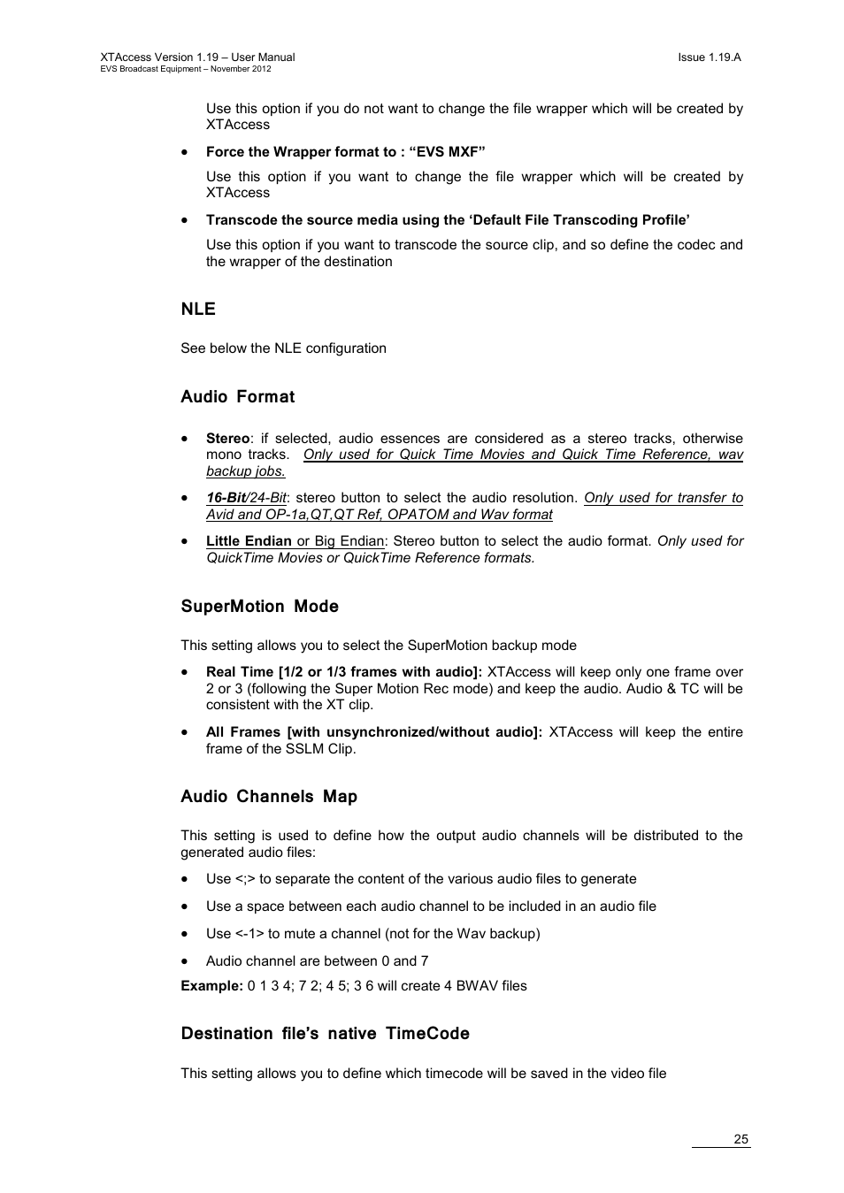 Audio format, Supermotion mode, Audio channels map | Destination file’s native timecode | EVS XTAccess Version 1.19 - November 2012 User Manual User Manual | Page 35 / 112