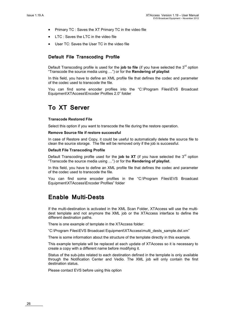 Default file transcoding profile, To xt server, Enable multi-dests | EVS XTAccess Version 1.19 - November 2012 User Manual User Manual | Page 36 / 112