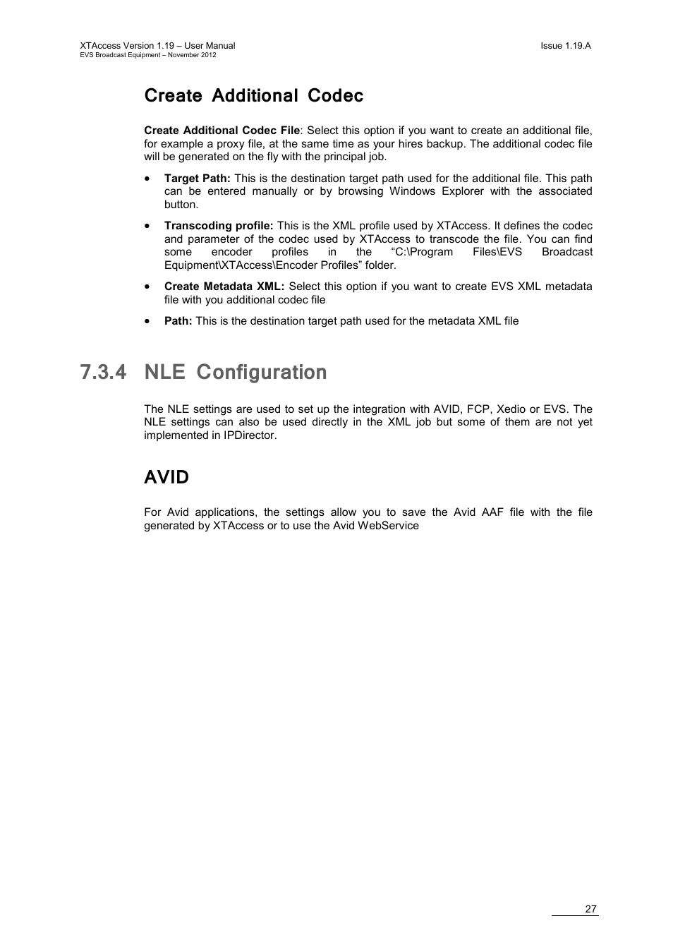 Create additional codec, 4 nle configuration, Avid | Nle configuration | EVS XTAccess Version 1.19 - November 2012 User Manual User Manual | Page 37 / 112