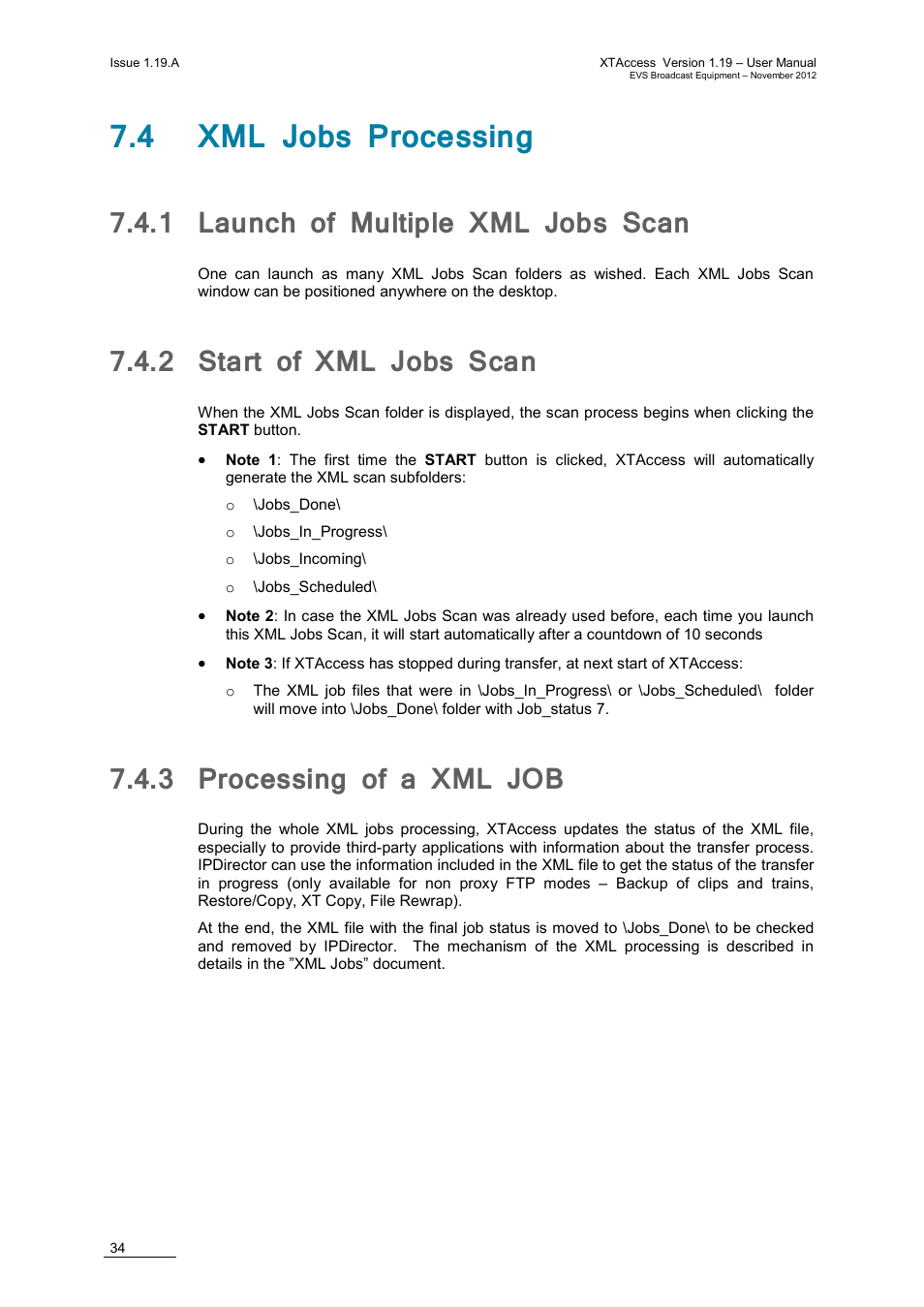 4 xml jobs processing, 1 launch of multiple xml jobs scan, 2 start of xml jobs scan | 3 processing of a xml job, Launch of multiple xml jobs scan, Start of xml jobs scan, Processing of a xml job | EVS XTAccess Version 1.19 - November 2012 User Manual User Manual | Page 44 / 112