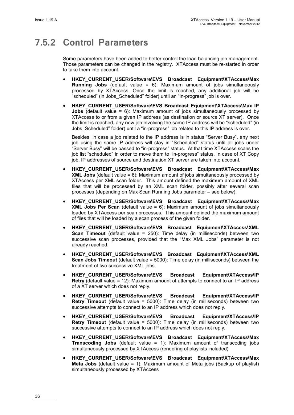 2 control parameters, Control parameters, On 7.5.2 ‘control parameters | On 7.5.2 ‘control, Parameters, Age 36) | EVS XTAccess Version 1.19 - November 2012 User Manual User Manual | Page 46 / 112