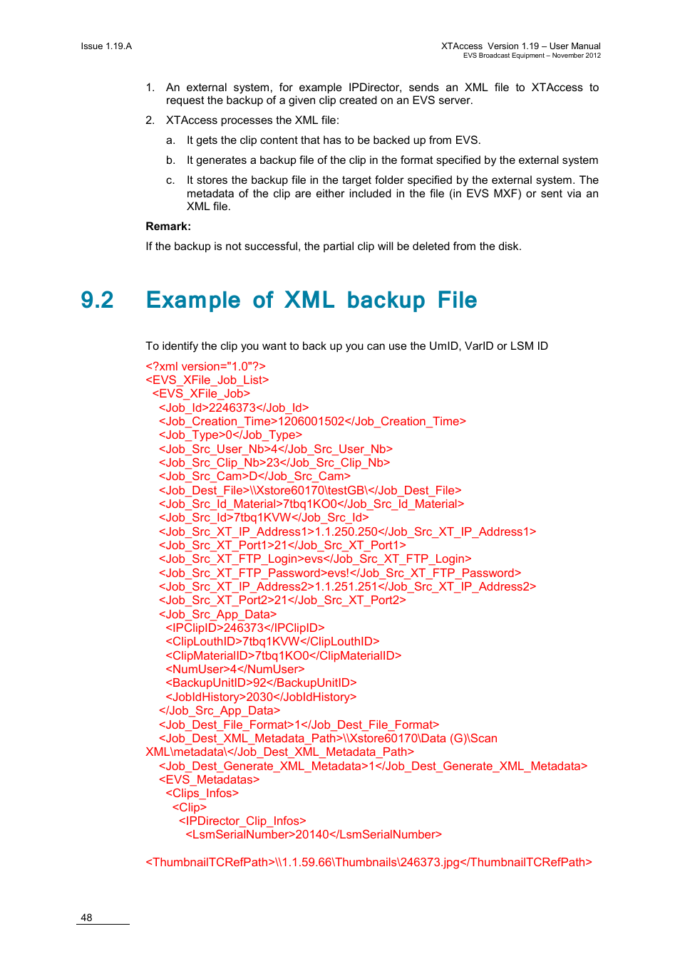 2 example of xml backup file | EVS XTAccess Version 1.19 - November 2012 User Manual User Manual | Page 58 / 112
