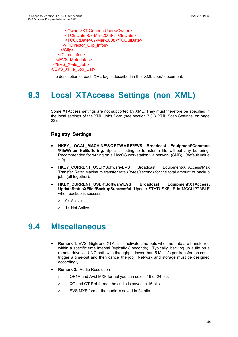 3 local xtaccess settings (non xml), Registry settings, 4 miscellaneous | EVS XTAccess Version 1.19 - November 2012 User Manual User Manual | Page 59 / 112