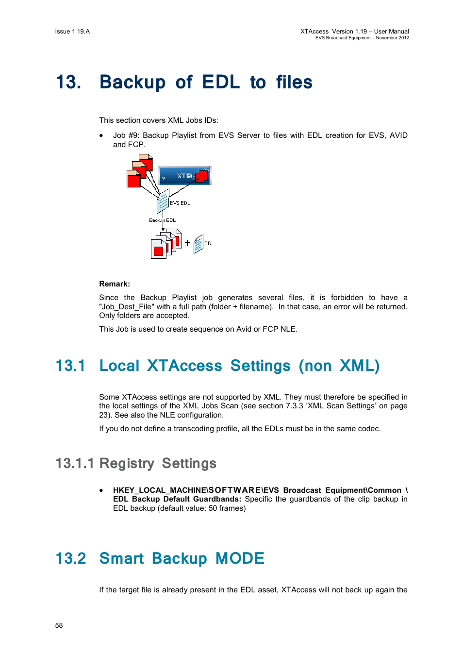 Backup of edl to files, 1 local xtaccess settings (non xml), 1 registry settings | 2 smart backup mode, Ackup of, To files, Registry settings | EVS XTAccess Version 1.19 - November 2012 User Manual User Manual | Page 68 / 112