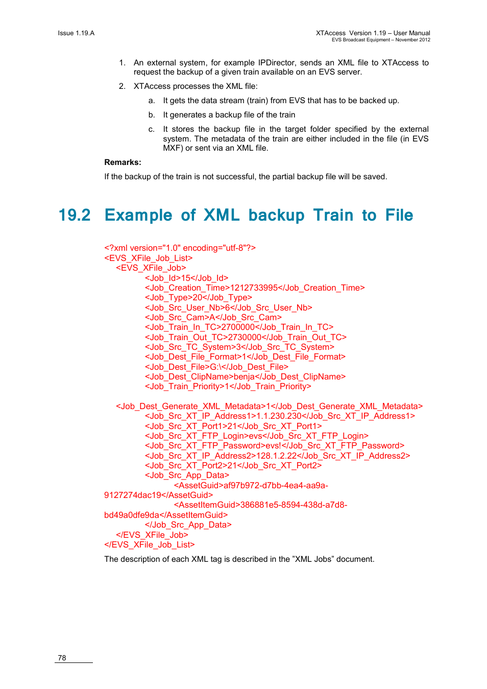 2 example of xml backup train to file | EVS XTAccess Version 1.19 - November 2012 User Manual User Manual | Page 88 / 112