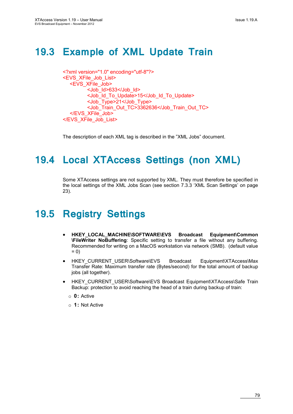 3 example of xml update train, 4 local xtaccess settings (non xml), 5 registry settings | EVS XTAccess Version 1.19 - November 2012 User Manual User Manual | Page 89 / 112
