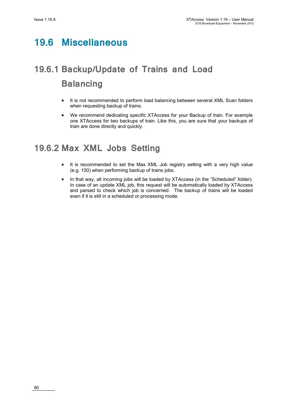6 miscellaneous, 1 backup/update of trains and load balancing, 2 max xml jobs setting | Backup/update of trains and load balancing, Max xml jobs setting | EVS XTAccess Version 1.19 - November 2012 User Manual User Manual | Page 90 / 112
