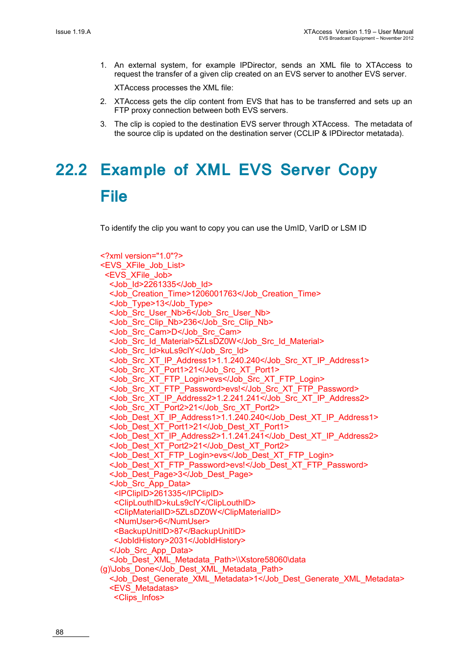 2 example of xml evs server copy file | EVS XTAccess Version 1.19 - November 2012 User Manual User Manual | Page 98 / 112